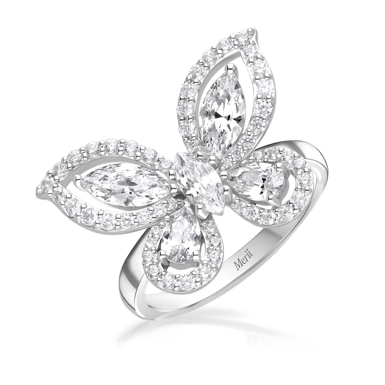 Papillon: Silver rhodium plated with Marquise-cut CZ glasswing butterfly statement ring