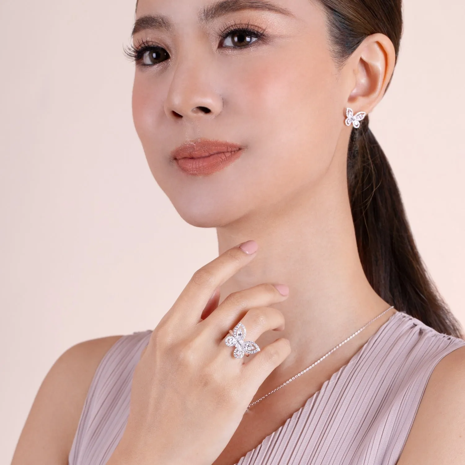 Papillon: Silver rhodium plated with Marquise-cut CZ glasswing butterfly statement ring