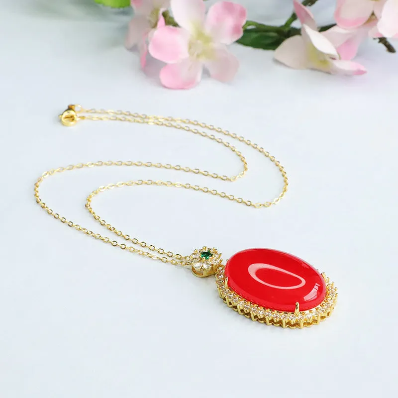 Pigeon Eggs Red Agate Pendant Zircon Halo Necklace