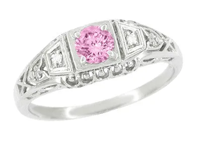 Pink Tourmaline and Diamond Art Deco Filigree Engagement Ring in 14 Karat White Gold