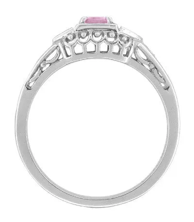Pink Tourmaline and Diamond Art Deco Filigree Engagement Ring in 14 Karat White Gold