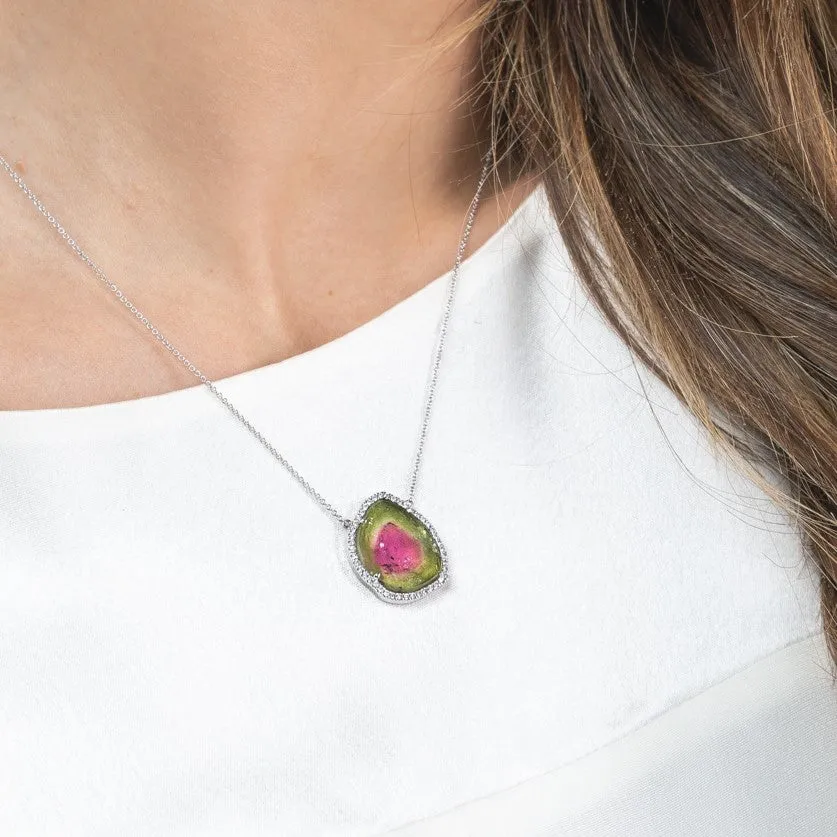 Rainbow Collection Tourmaline Slice & Diamond Halo Necklace