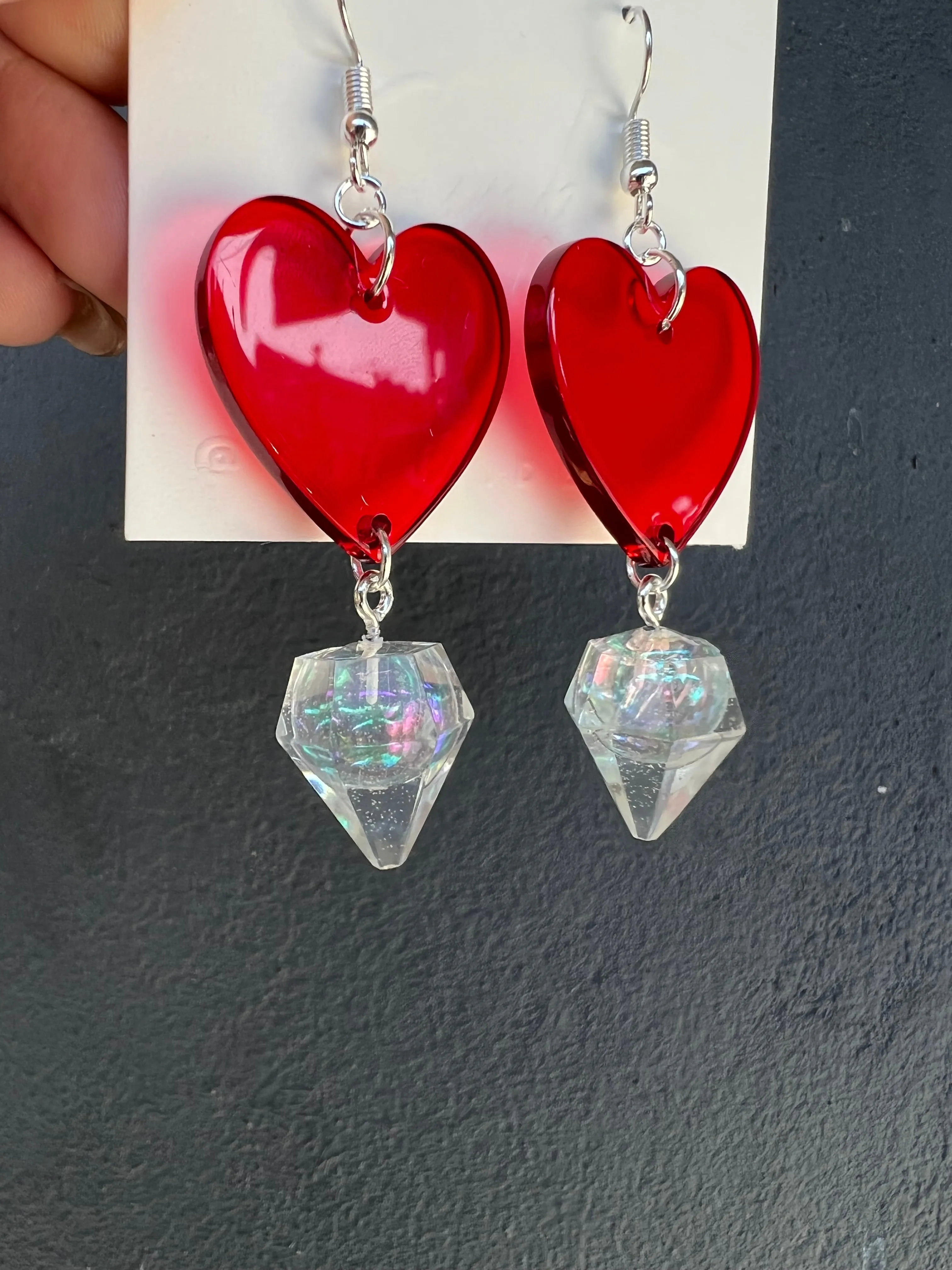 Red Heart with Clear Dangling Diamond Handmade Resin Earrings