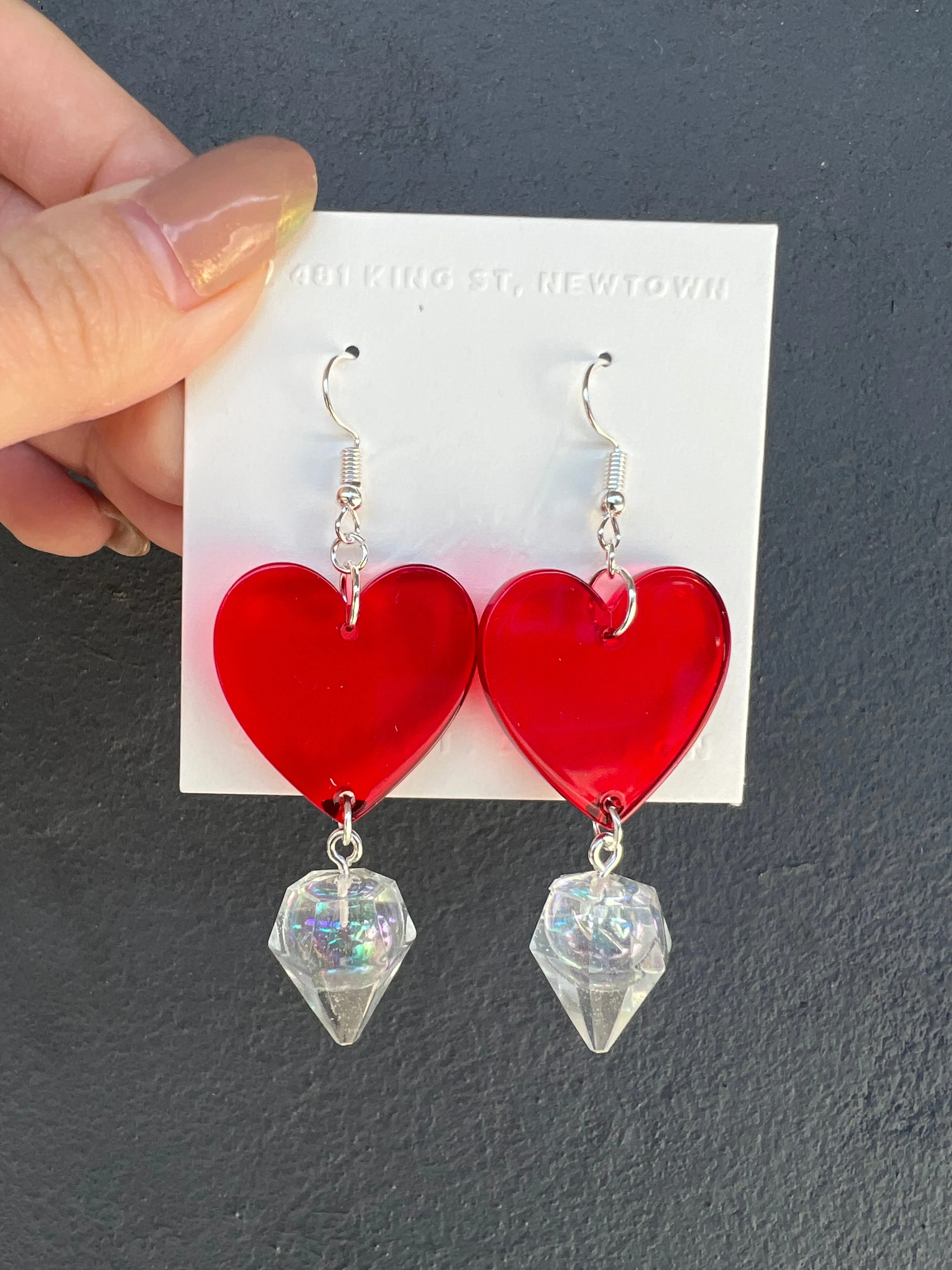 Red Heart with Clear Dangling Diamond Handmade Resin Earrings