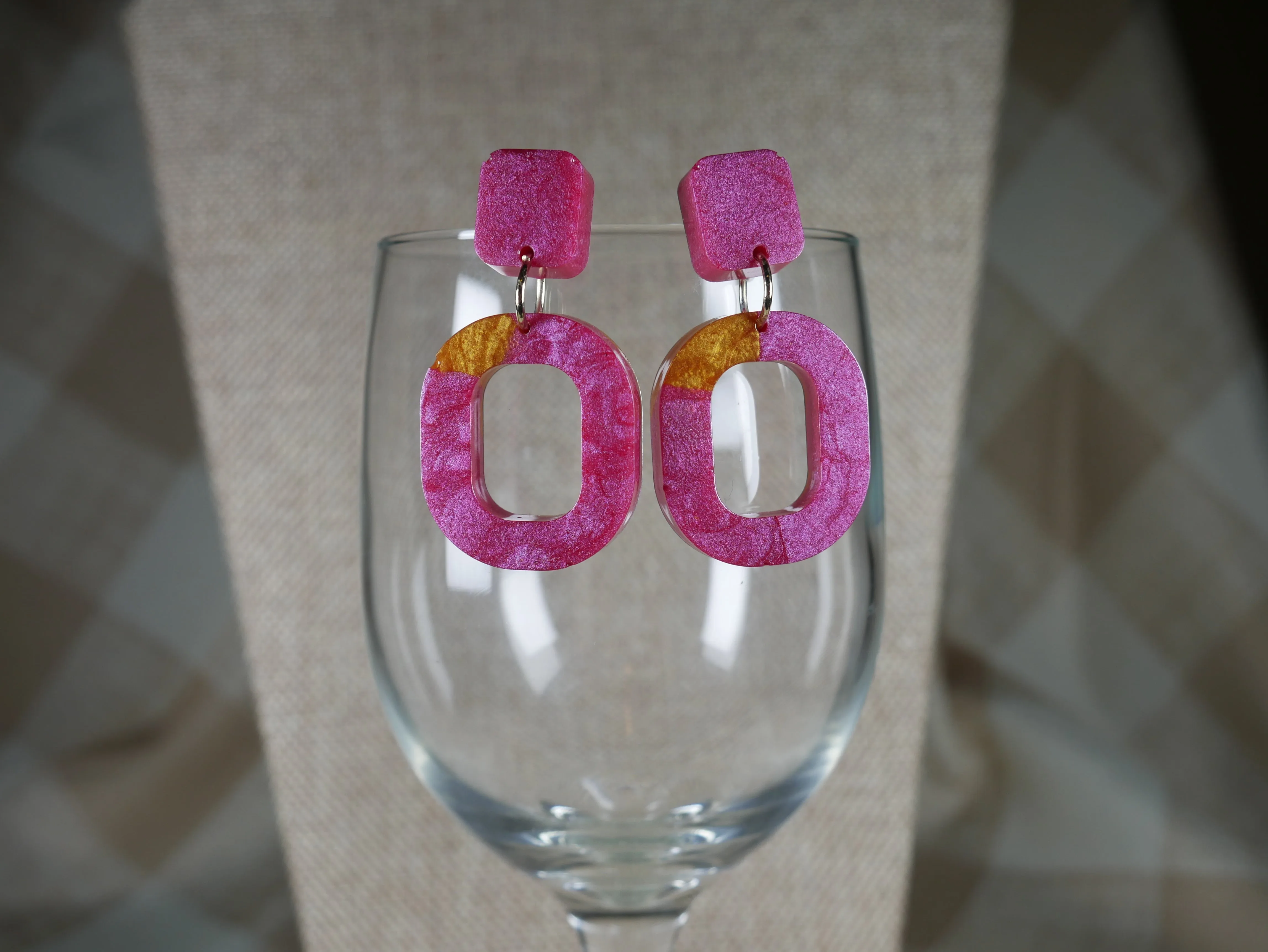 Resin Magenta and Gold Square Earrings