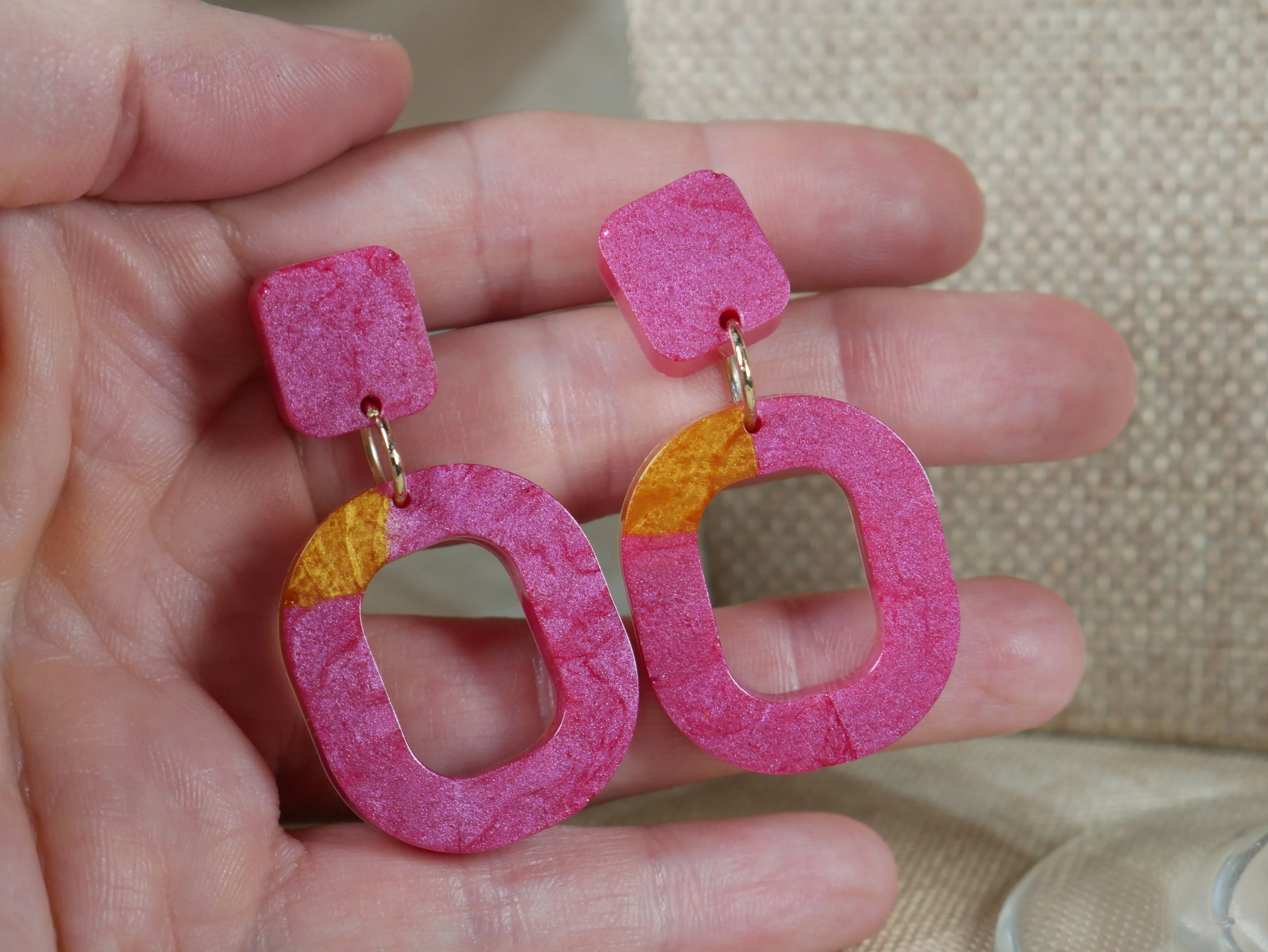 Resin Magenta and Gold Square Earrings