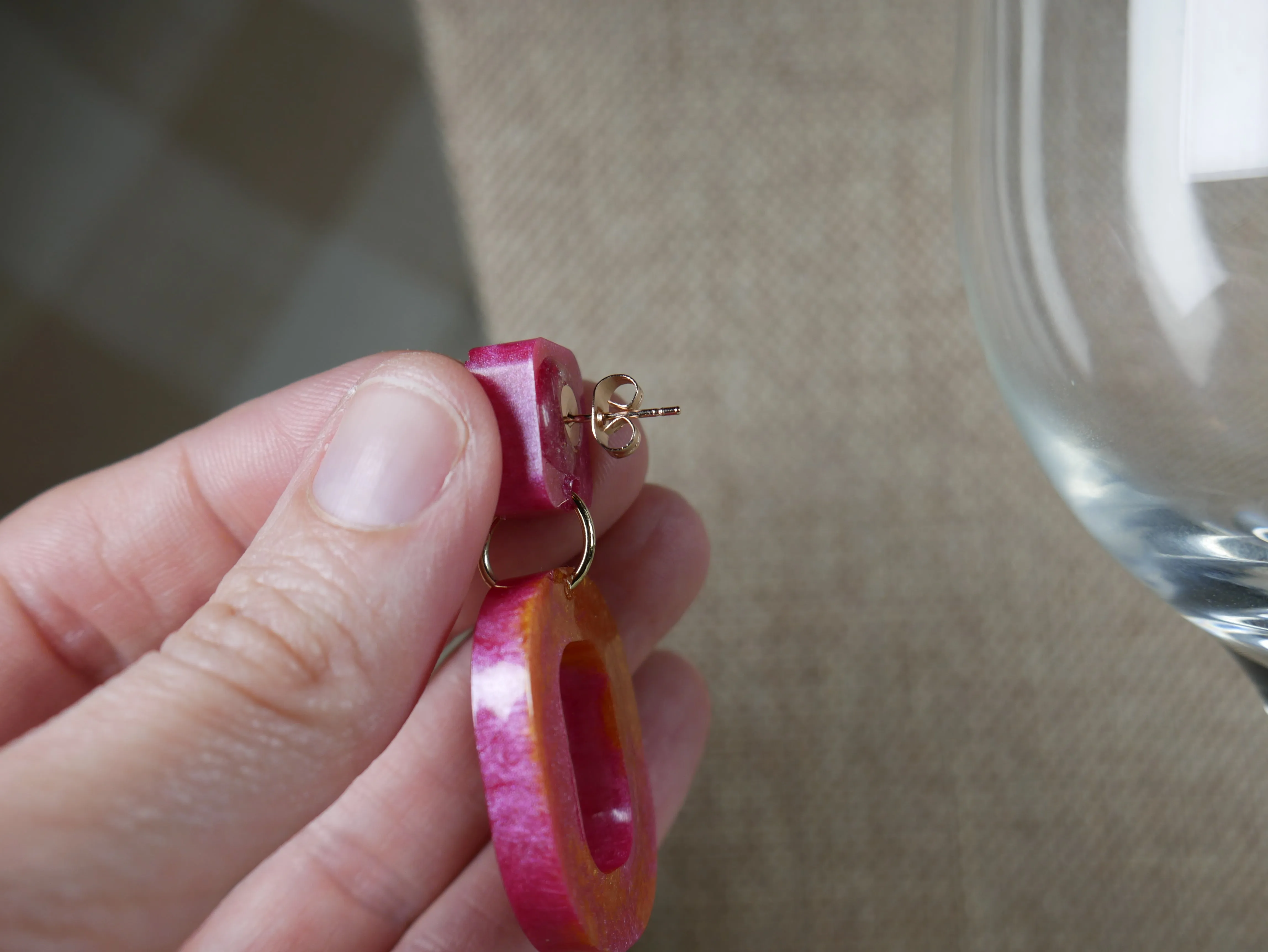 Resin Magenta and Gold Square Earrings