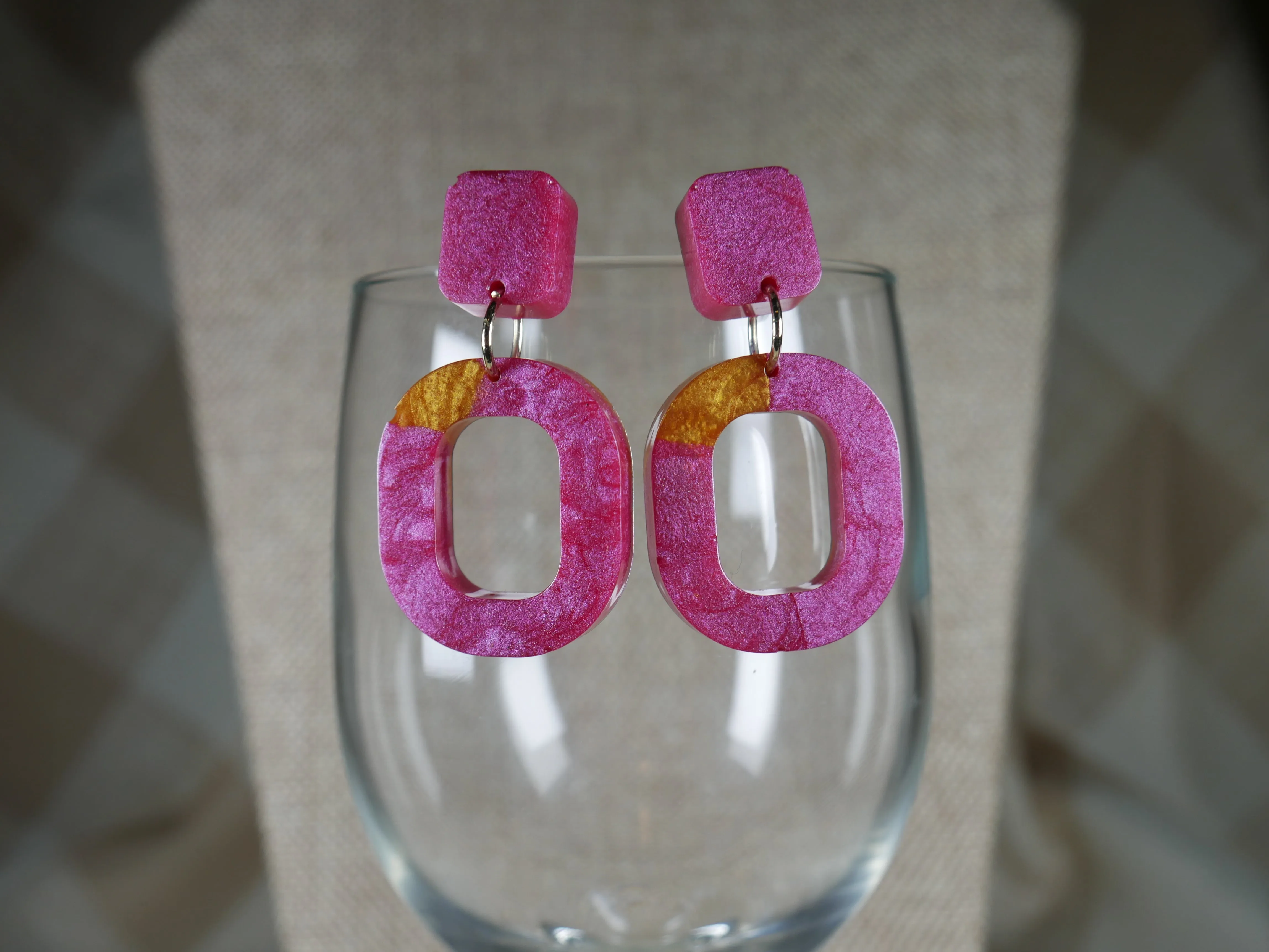Resin Magenta and Gold Square Earrings