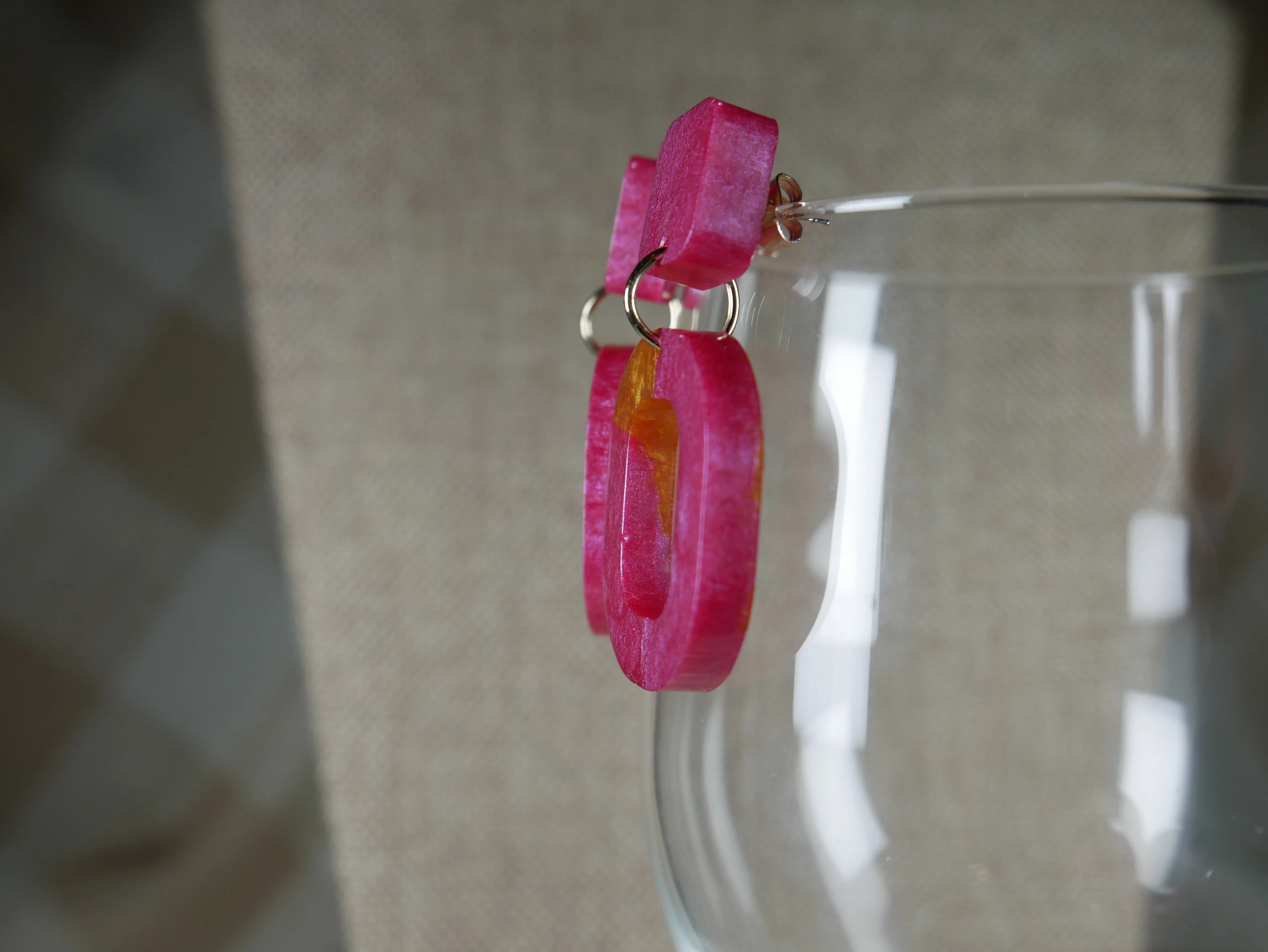 Resin Magenta and Gold Square Earrings
