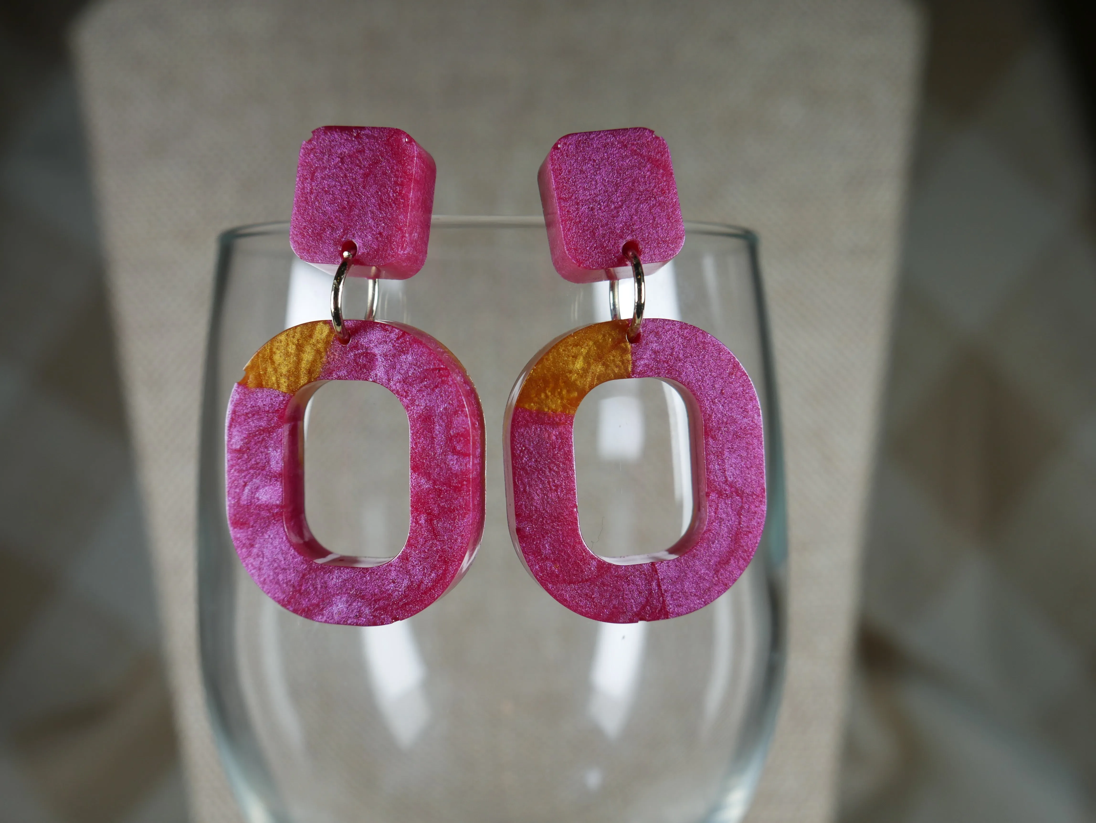 Resin Magenta and Gold Square Earrings