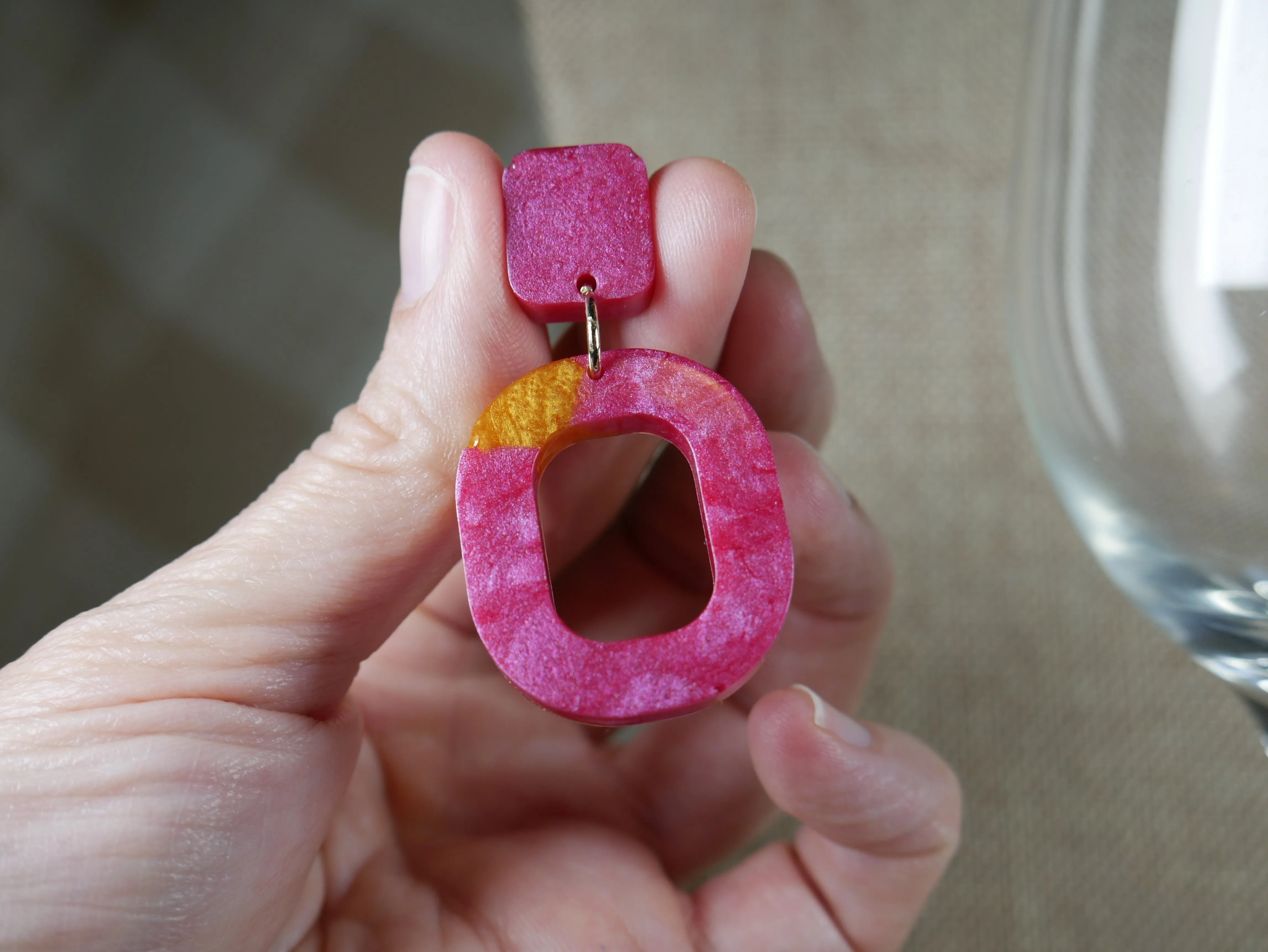 Resin Magenta and Gold Square Earrings
