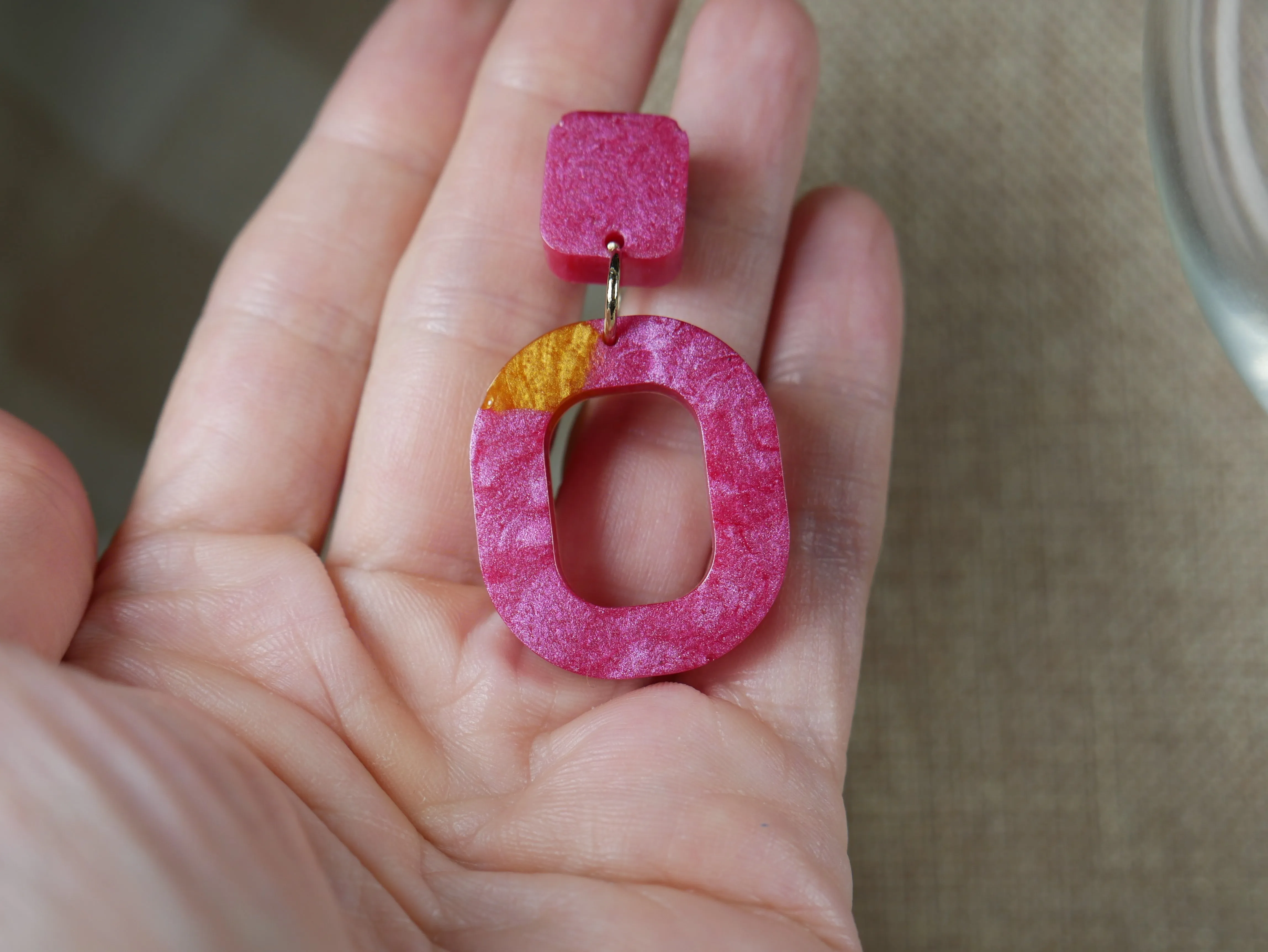 Resin Magenta and Gold Square Earrings