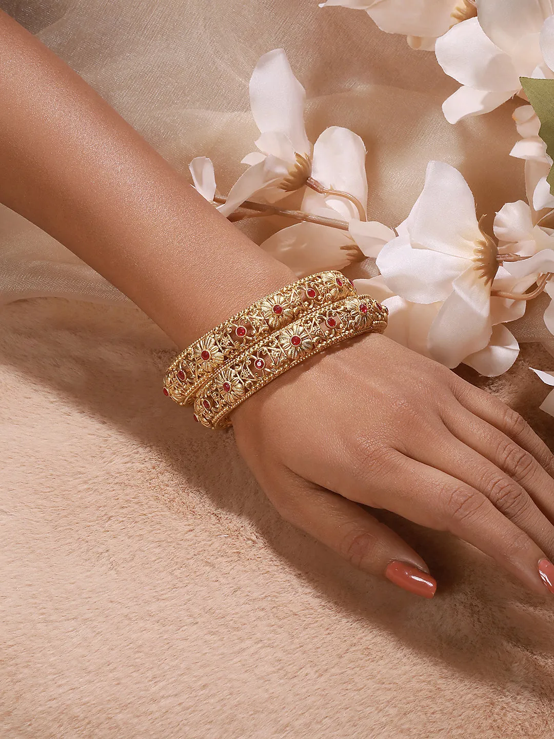 Set Of 2 Gold-Plated Stone-Studded Handcrafted Bangles