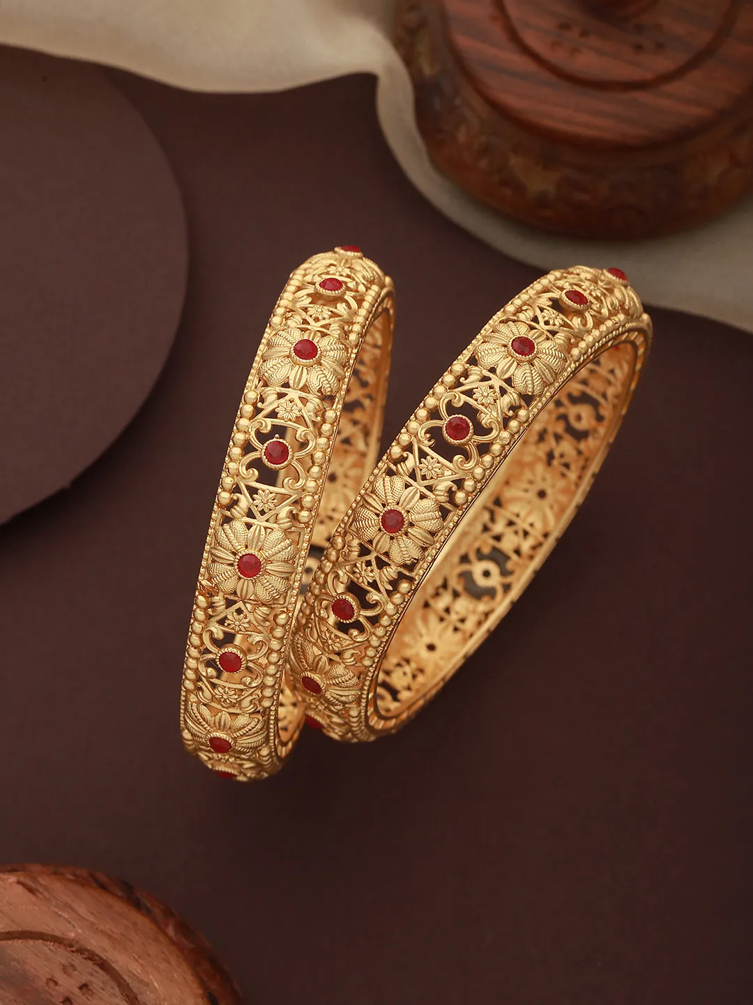 Set Of 2 Gold-Plated Stone-Studded Handcrafted Bangles