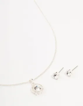 Silver Bohemia Czech Crystal Halo Necklace & Stud Earrings Set