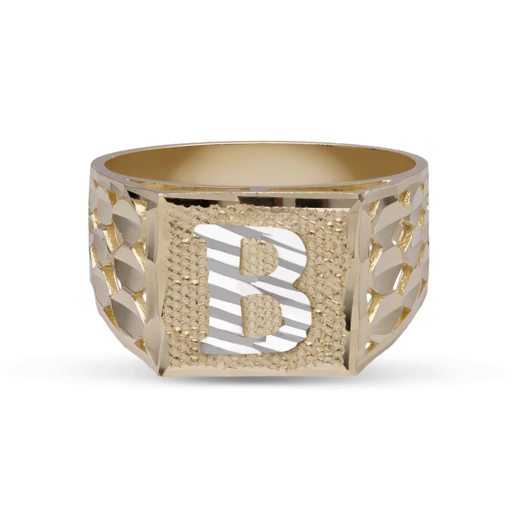 Square Signet Initial Ring 10K Yellow White Gold