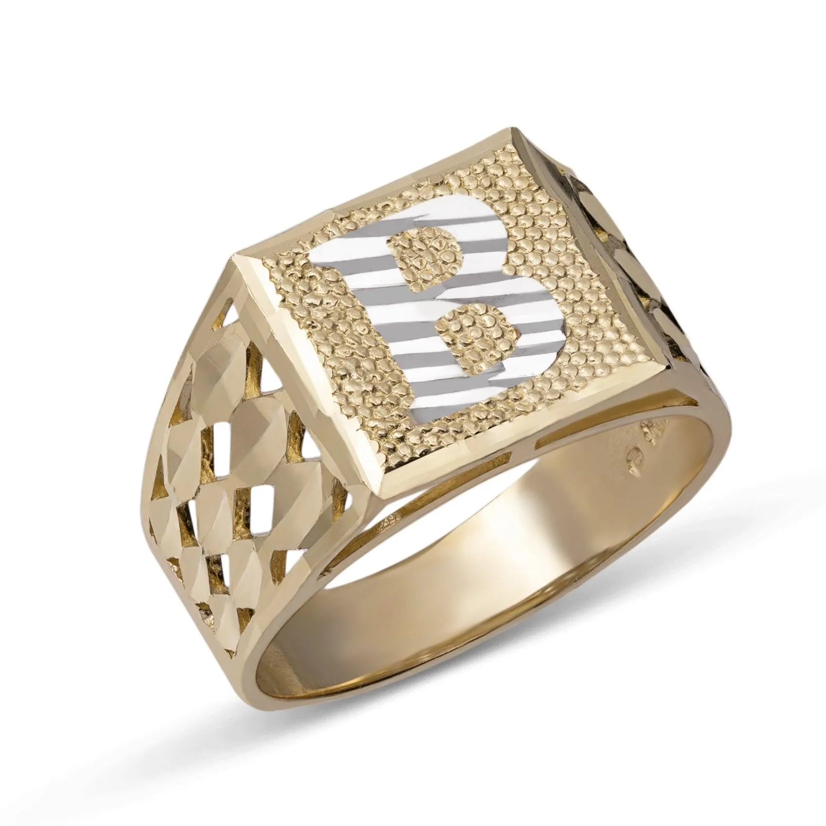 Square Signet Initial Ring 10K Yellow White Gold