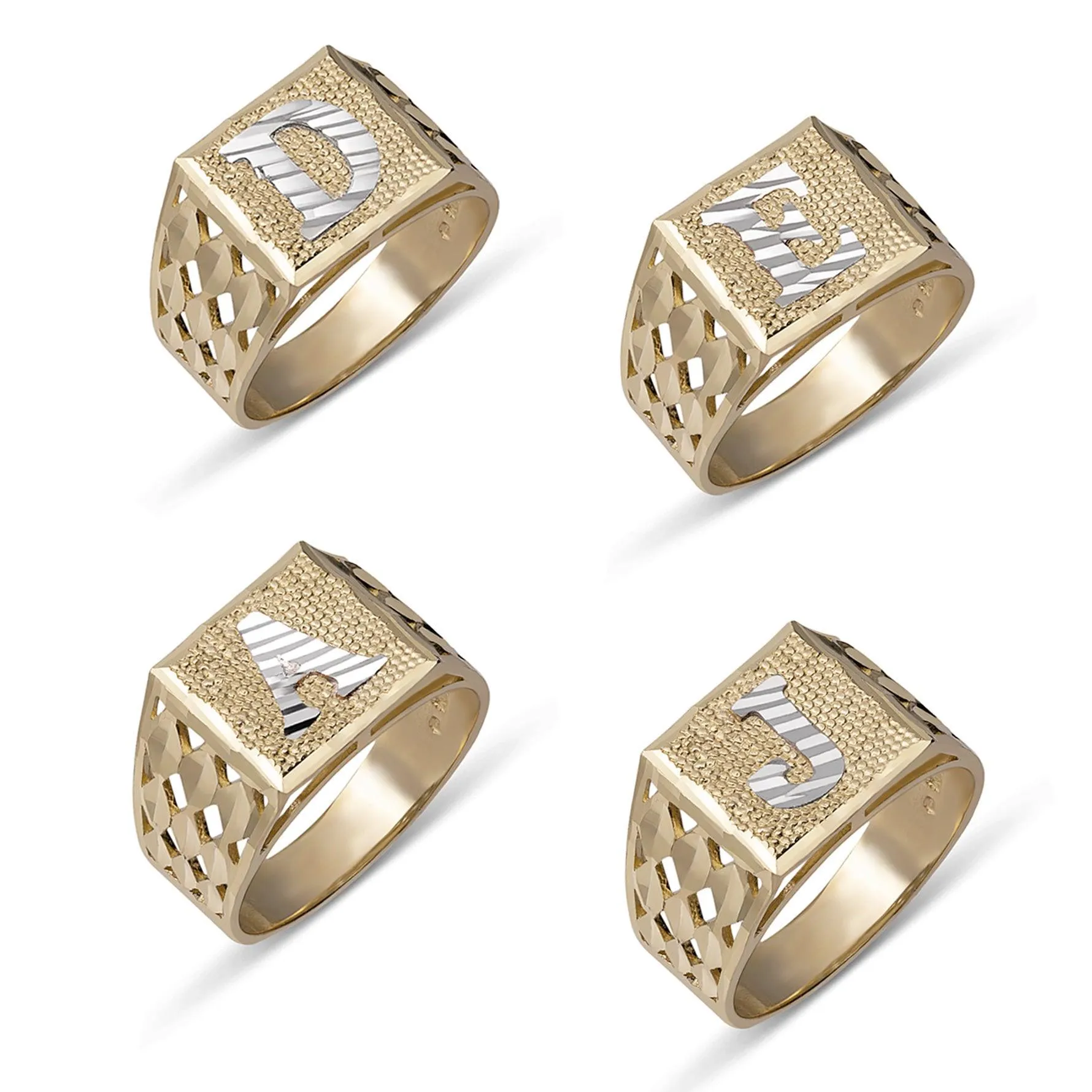 Square Signet Initial Ring 10K Yellow White Gold