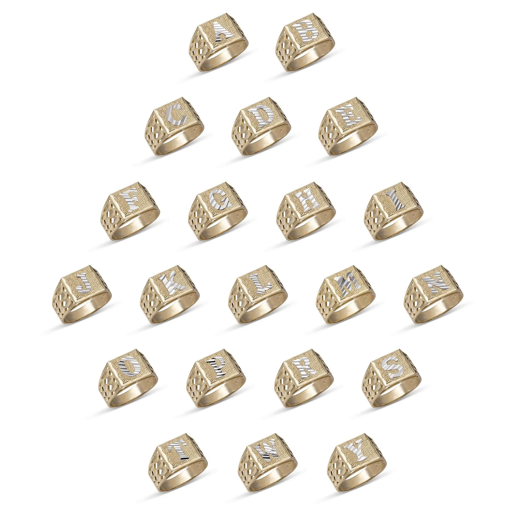 Square Signet Initial Ring 10K Yellow White Gold