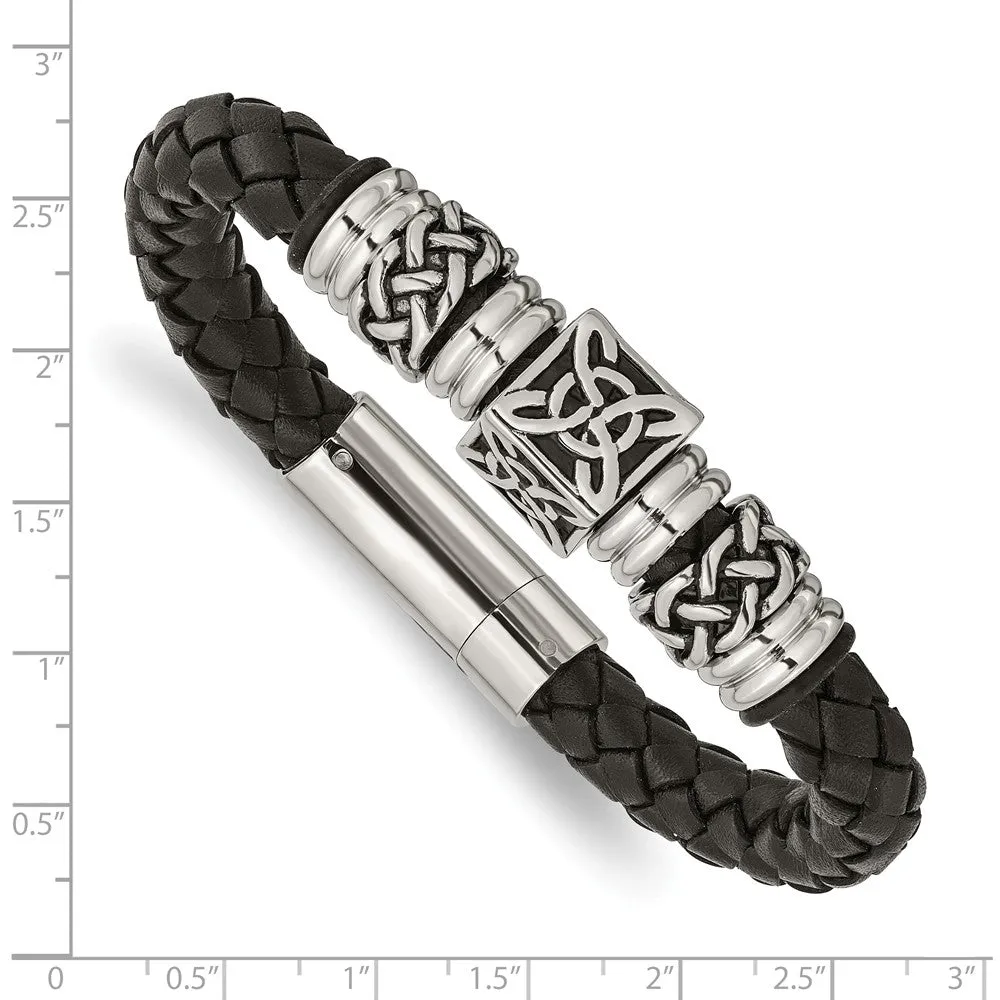 Stainless Steel Black Leather w/ Antiqued Beads 8.5in Bracelet