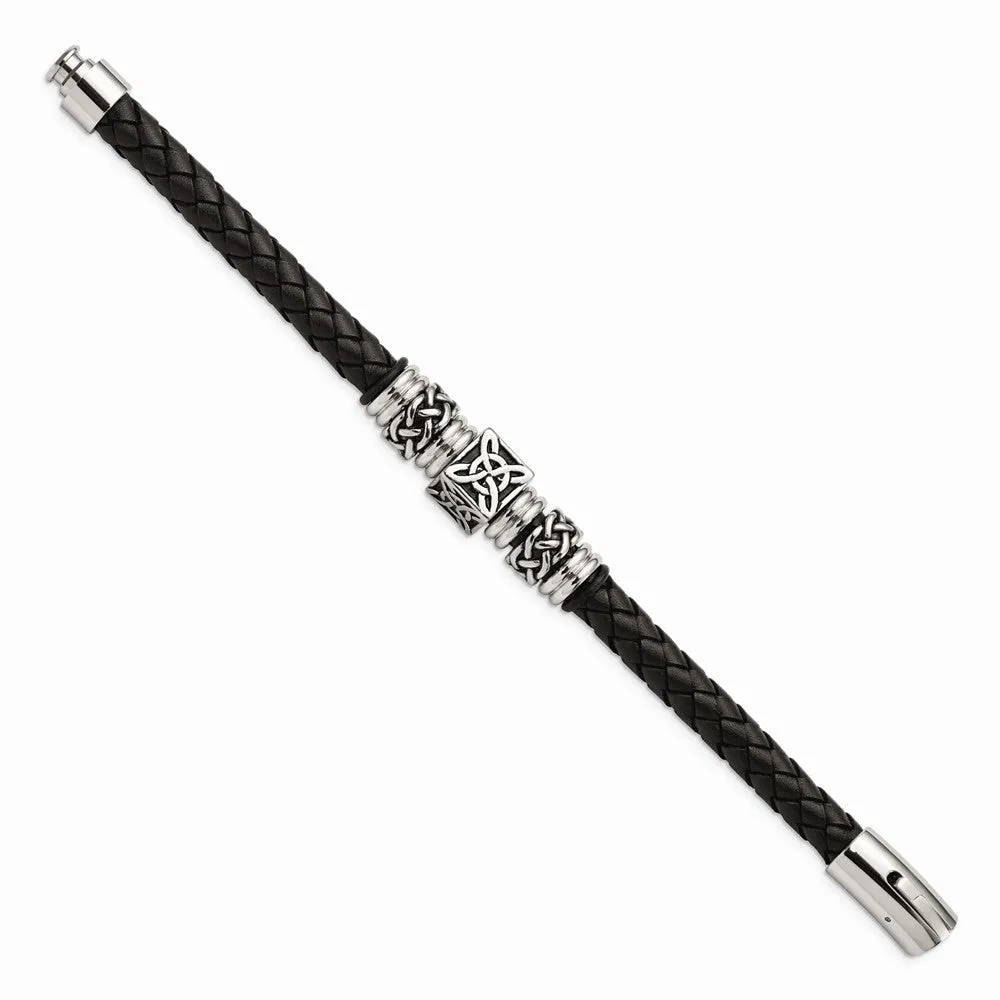 Stainless Steel Black Leather w/ Antiqued Beads 8.5in Bracelet
