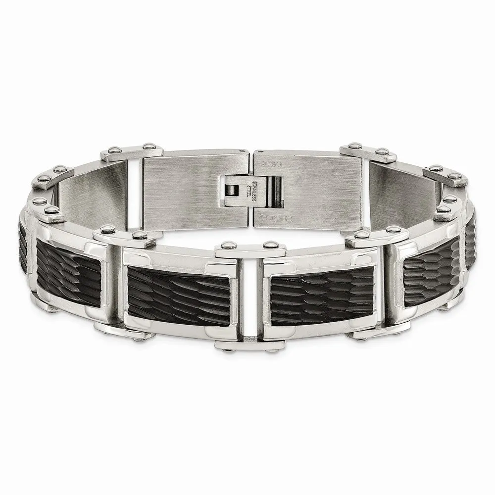 Stainless Steel Black-plated & Textured 9in Bracelet