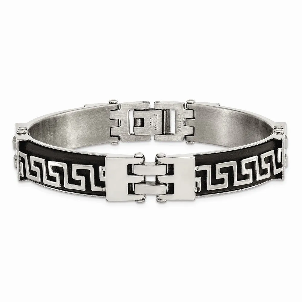 Stainless Steel Black Rubber w/Greek Key Design 8in Bracelet
