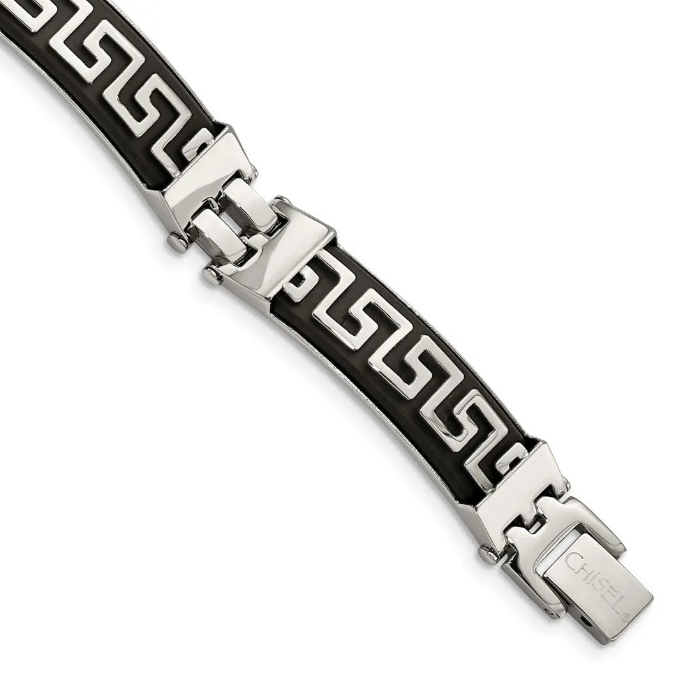 Stainless Steel Black Rubber w/Greek Key Design 8in Bracelet