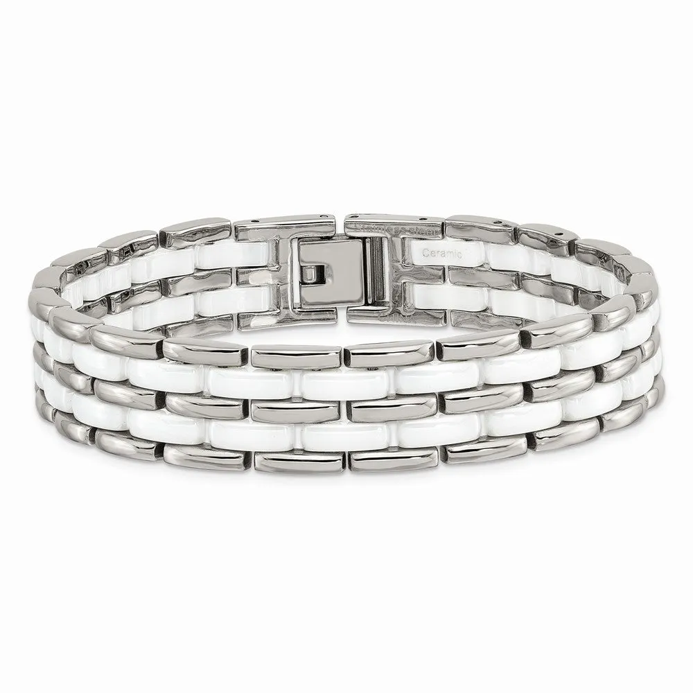 Stainless Steel Double Row White Ceramic 8.25in Bracelet