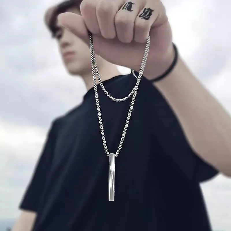 Stainless Steel Twisted Bar Minimalist Pendant Necklace 27"