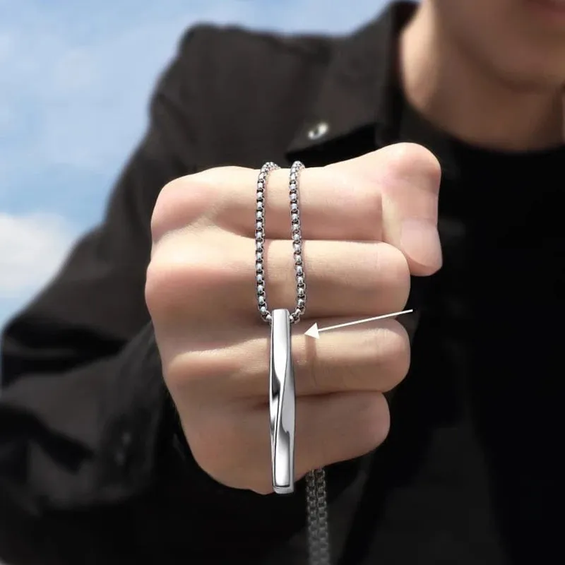 Stainless Steel Twisted Bar Minimalist Pendant Necklace 27"