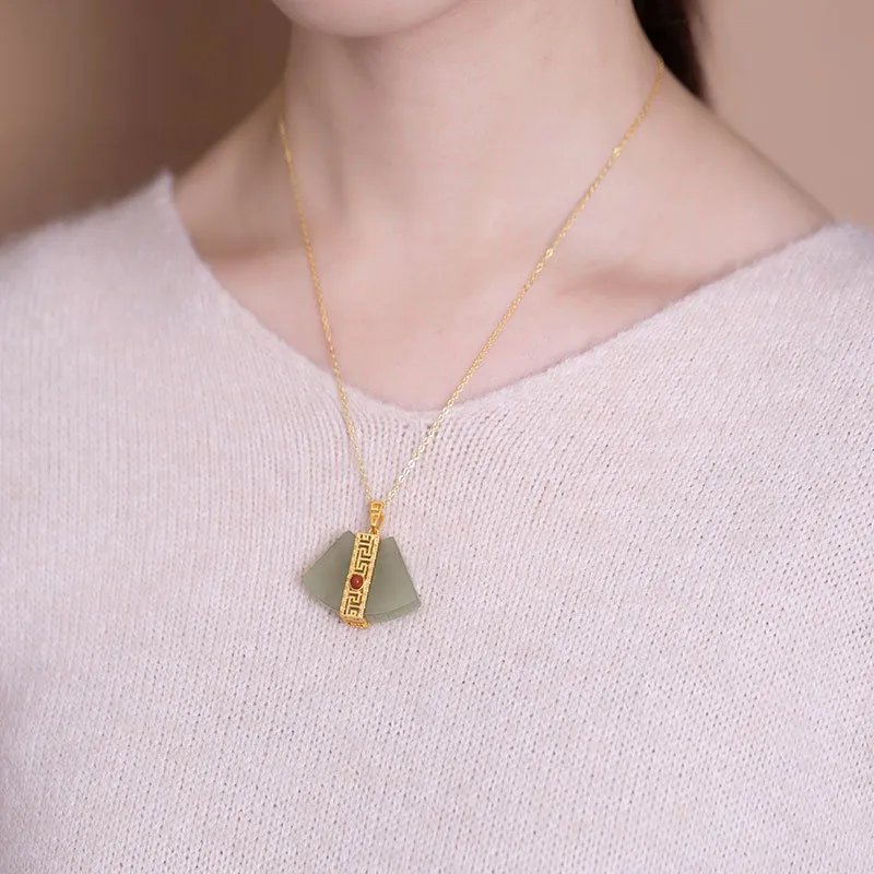 Sterling Silver Fan Shaped Natural Jade Pendant