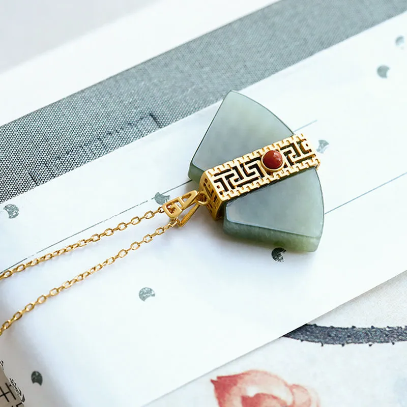 Sterling Silver Fan Shaped Natural Jade Pendant