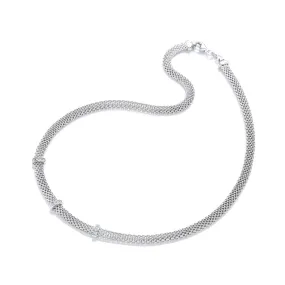 Sterling Silver Mesh and CZ Bar Necklace