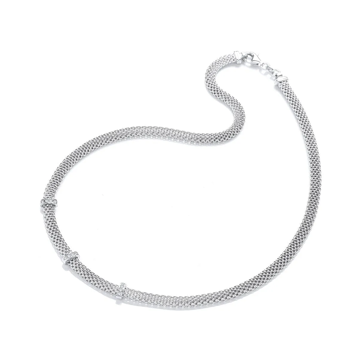 Sterling Silver Mesh and CZ Bar Necklace