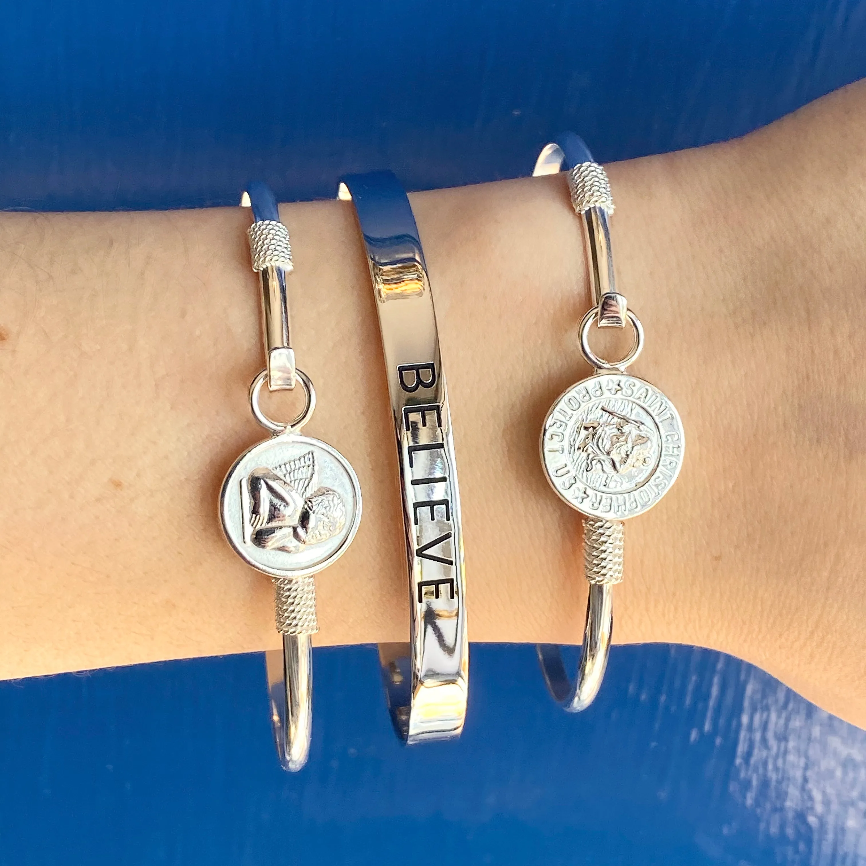 Sterling Silver Polished Guardian Baby Angel Medal Thin Bangle Bracelet