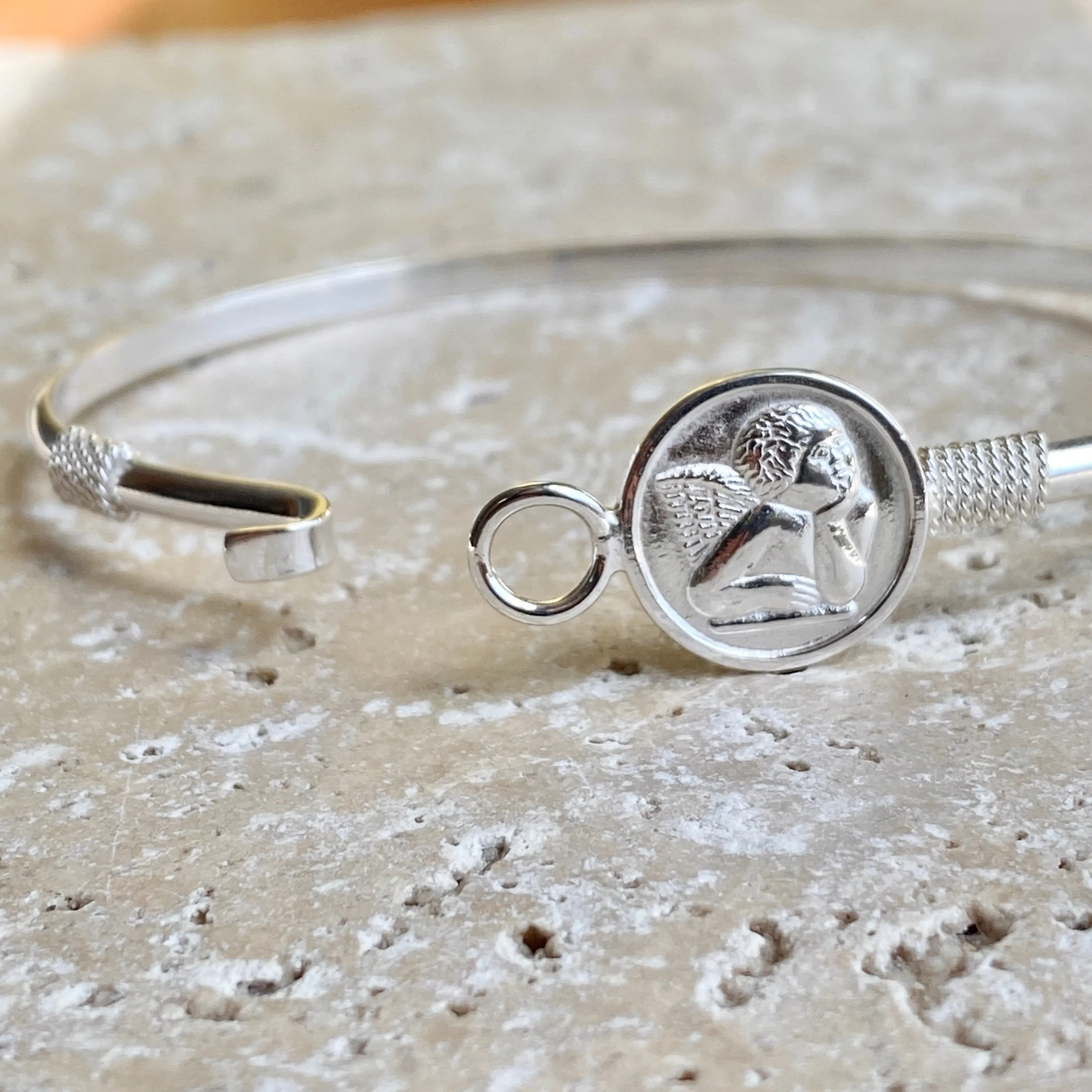 Sterling Silver Polished Guardian Baby Angel Medal Thin Bangle Bracelet