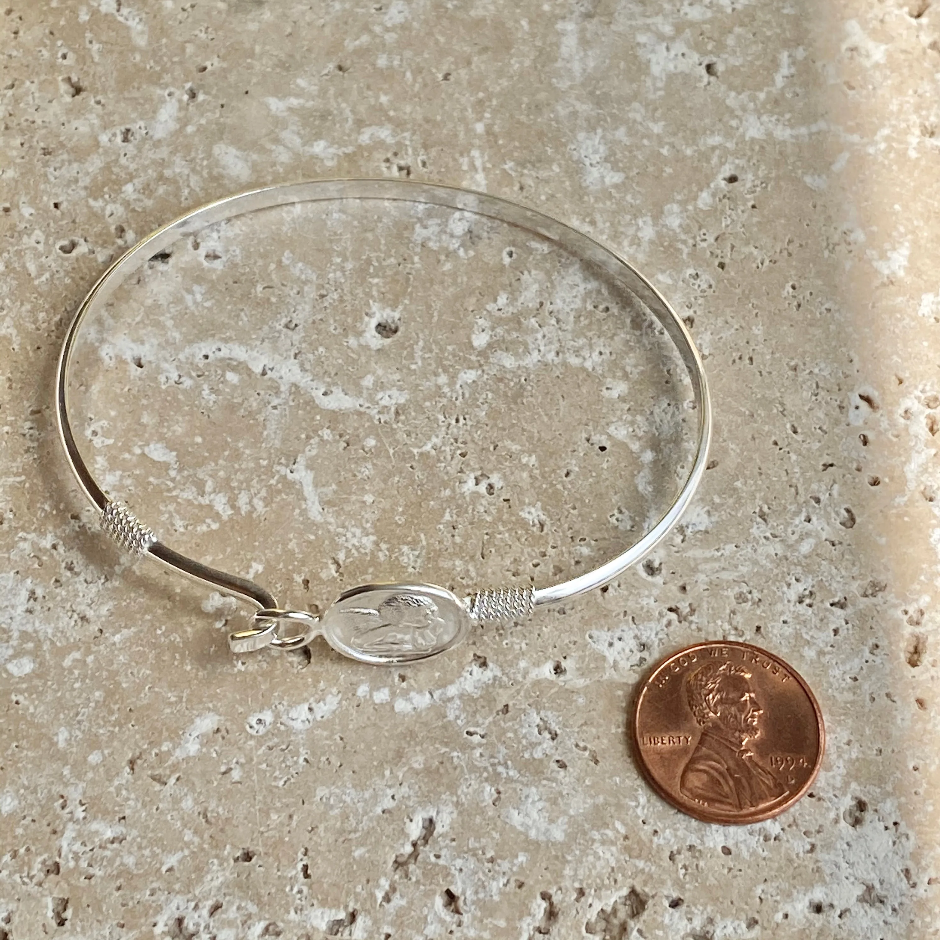 Sterling Silver Polished Guardian Baby Angel Medal Thin Bangle Bracelet
