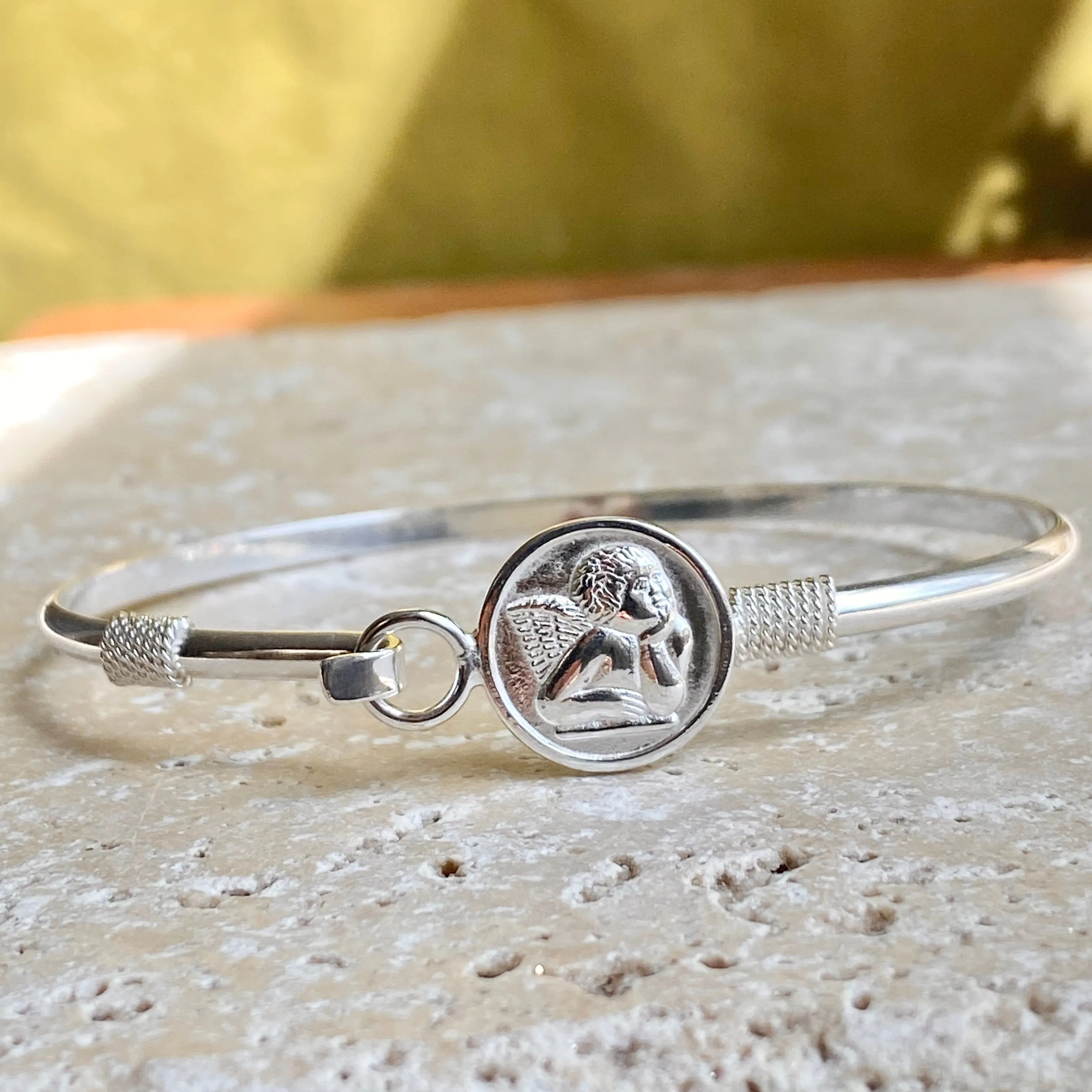 Sterling Silver Polished Guardian Baby Angel Medal Thin Bangle Bracelet