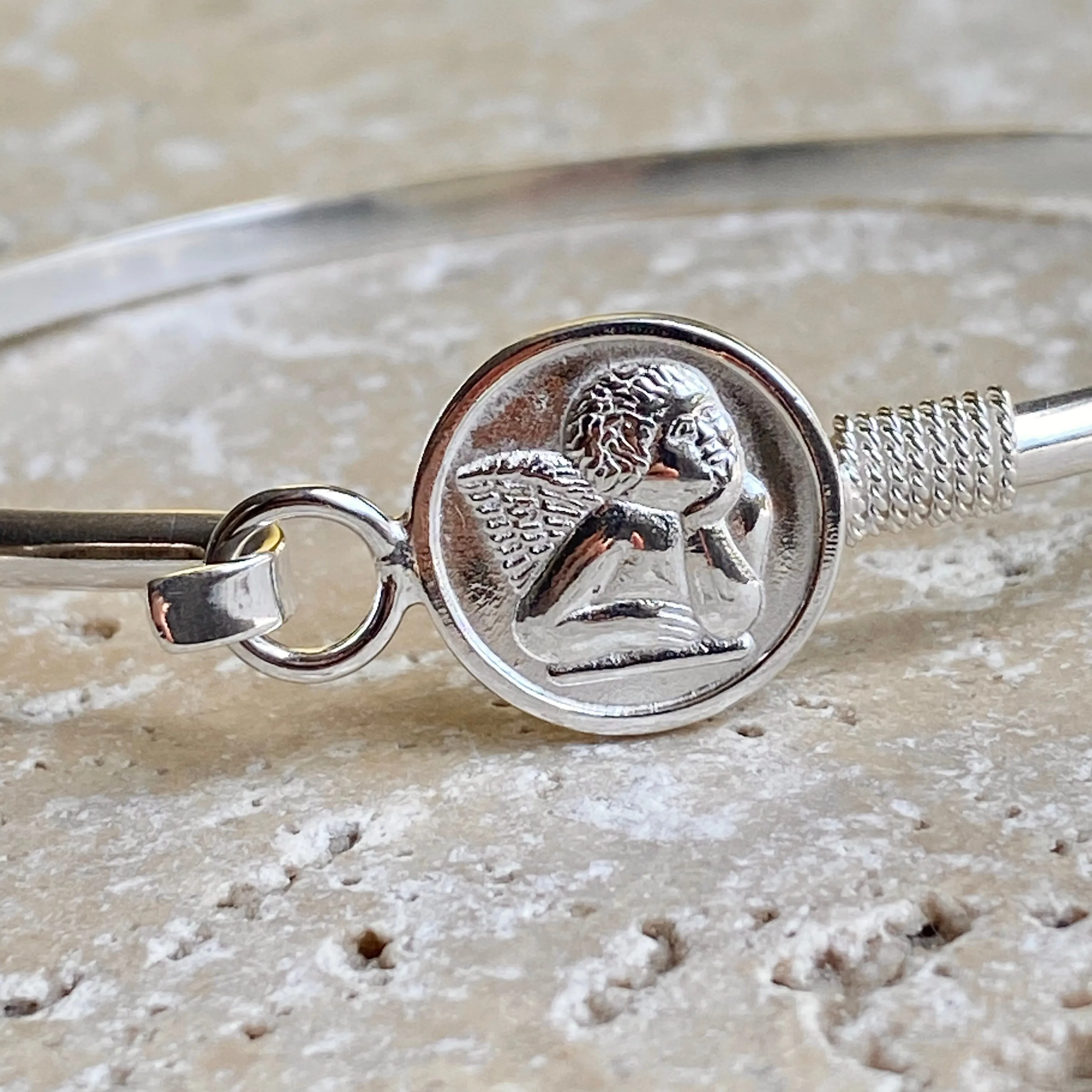 Sterling Silver Polished Guardian Baby Angel Medal Thin Bangle Bracelet