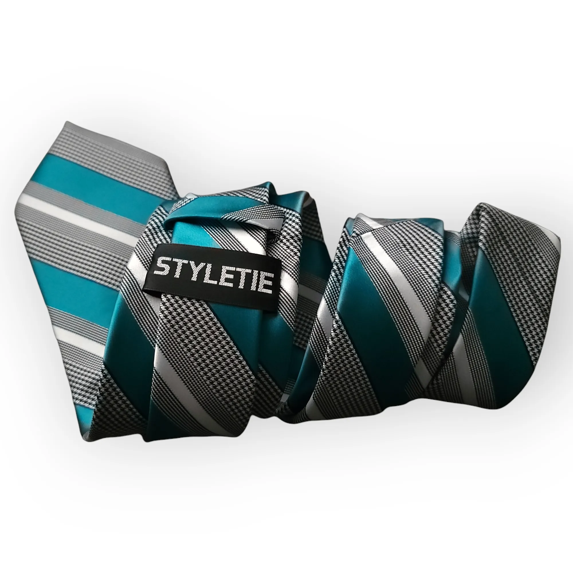 Teal Blue White Striped Tie Pocket Square Cufflinks Set