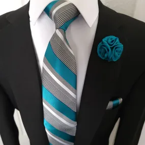 Teal Blue White Striped Tie Pocket Square Cufflinks Set