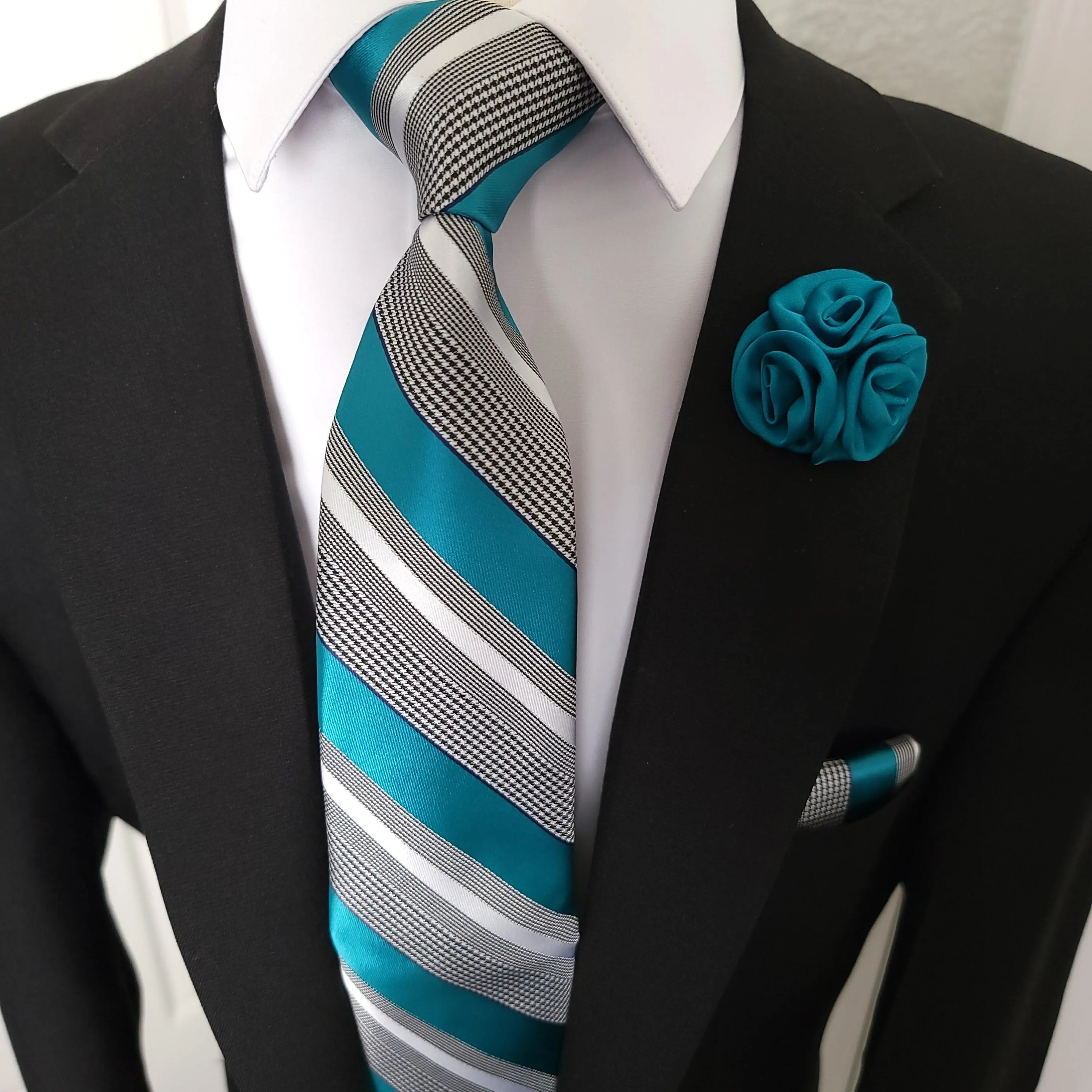 Teal Blue White Striped Tie Pocket Square Cufflinks Set
