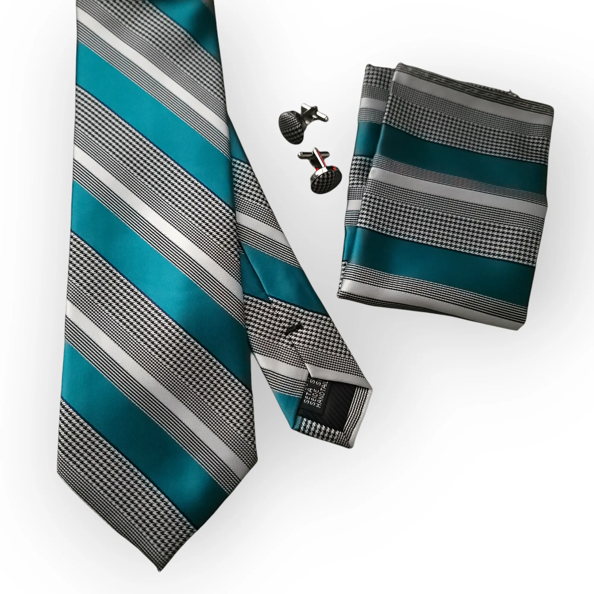 Teal Blue White Striped Tie Pocket Square Cufflinks Set