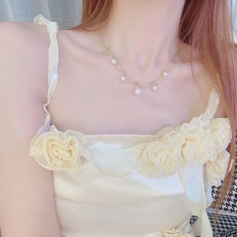 Trendy Layered Pearl Tassel Ball Chain Choker Necklace