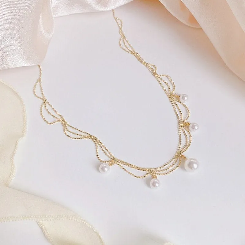 Trendy Layered Pearl Tassel Ball Chain Choker Necklace