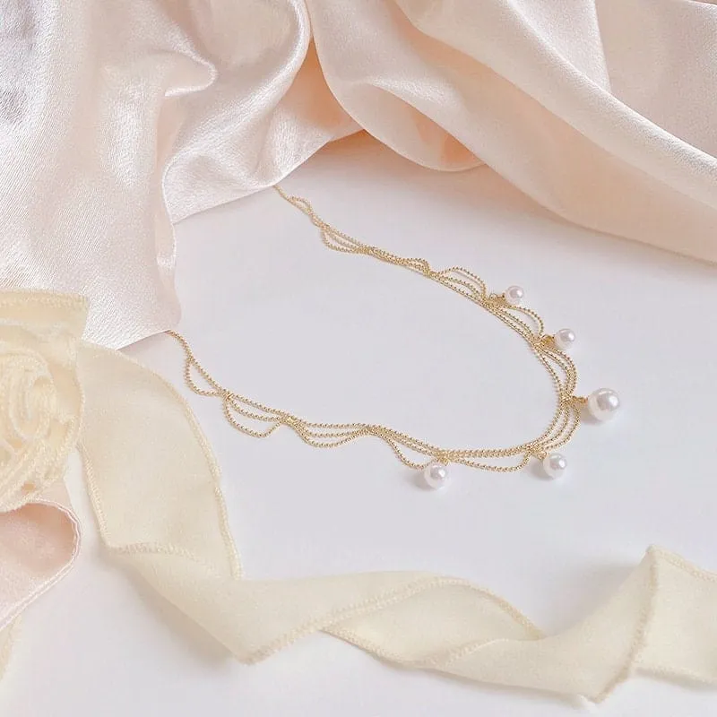Trendy Layered Pearl Tassel Ball Chain Choker Necklace