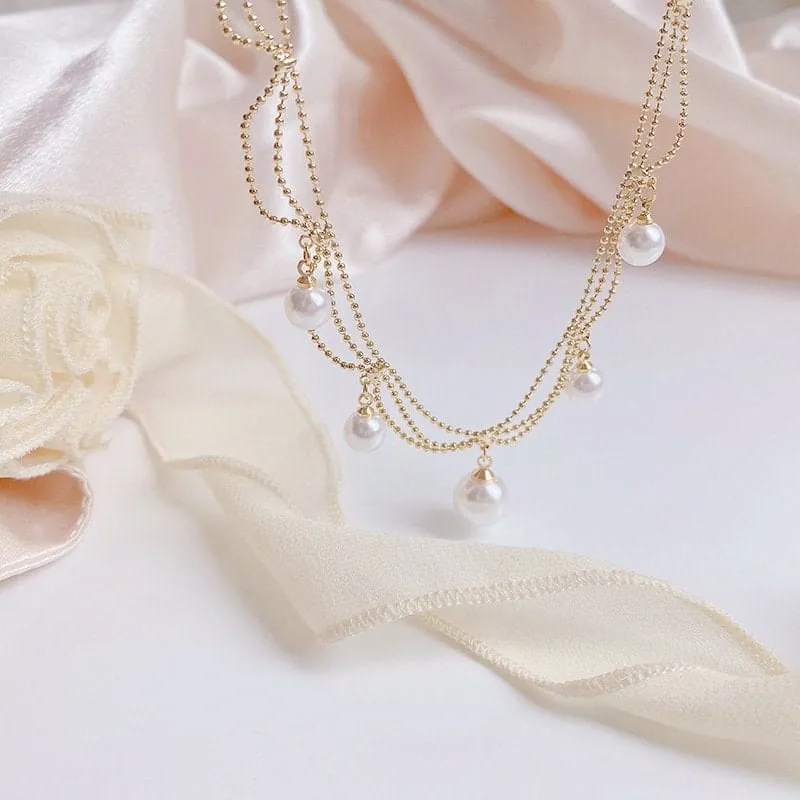 Trendy Layered Pearl Tassel Ball Chain Choker Necklace