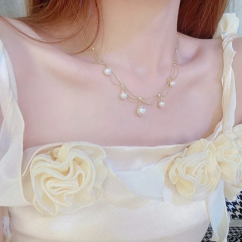 Trendy Layered Pearl Tassel Ball Chain Choker Necklace