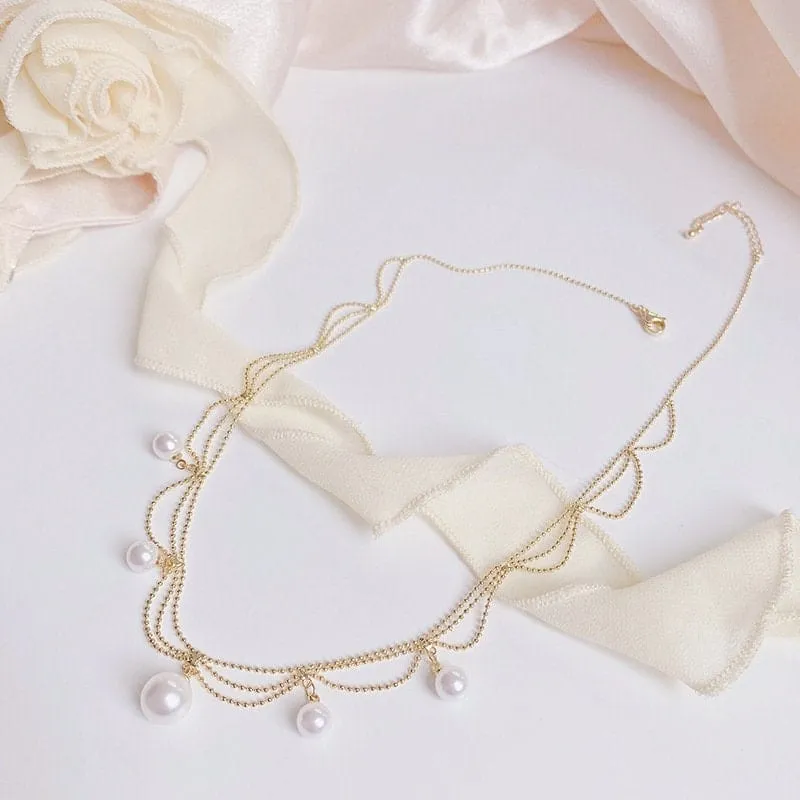 Trendy Layered Pearl Tassel Ball Chain Choker Necklace
